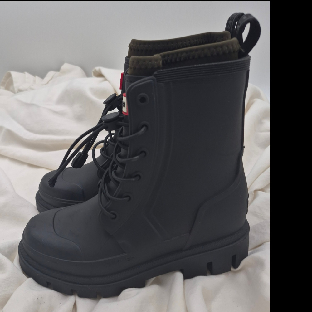 NEW Hunter Stamp Waterproof Lace-Up Rain Boots black n green KIDS size 10